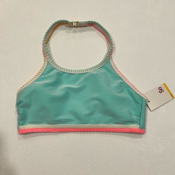 NWT SO by Kohl’s Teal Striped High Neck Bikini Top - Size Small - Picture 1 of 4